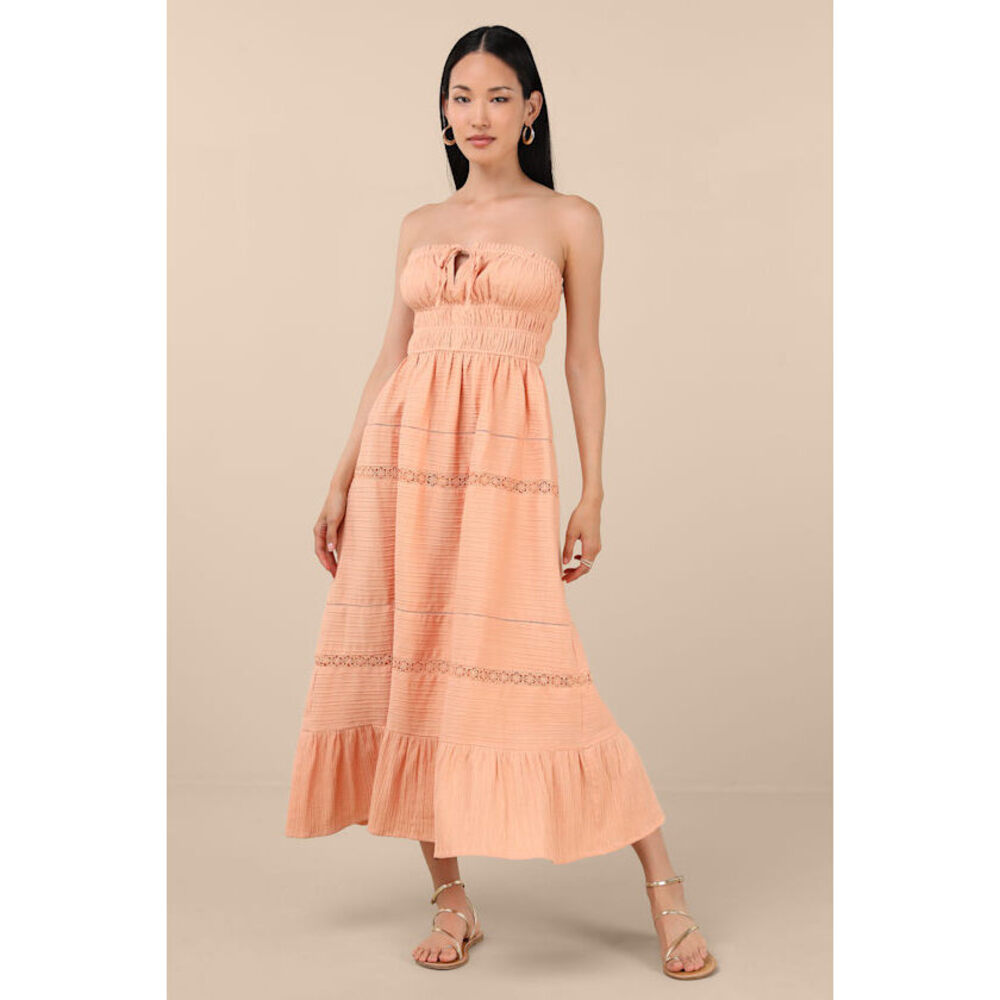 Lulus Sylvana Peach Textured Strapless Midi Dress Orange - Size XS